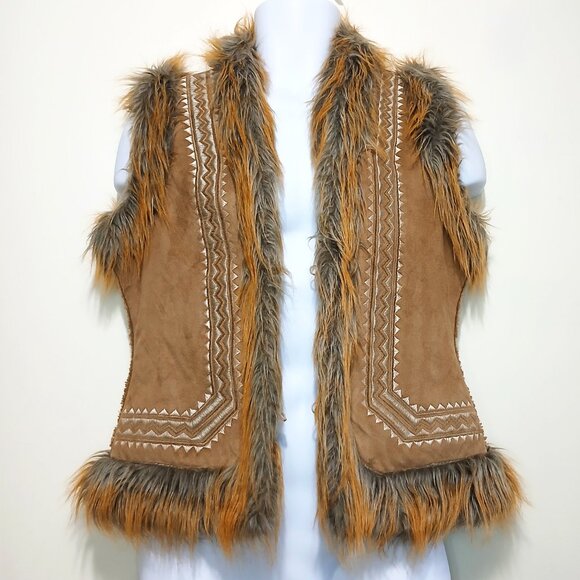 Vintage Alibi Embroidered Suede & Fur Aztec Print Waistcoat Vest Jacket Size 13 - Picture 2 of 10